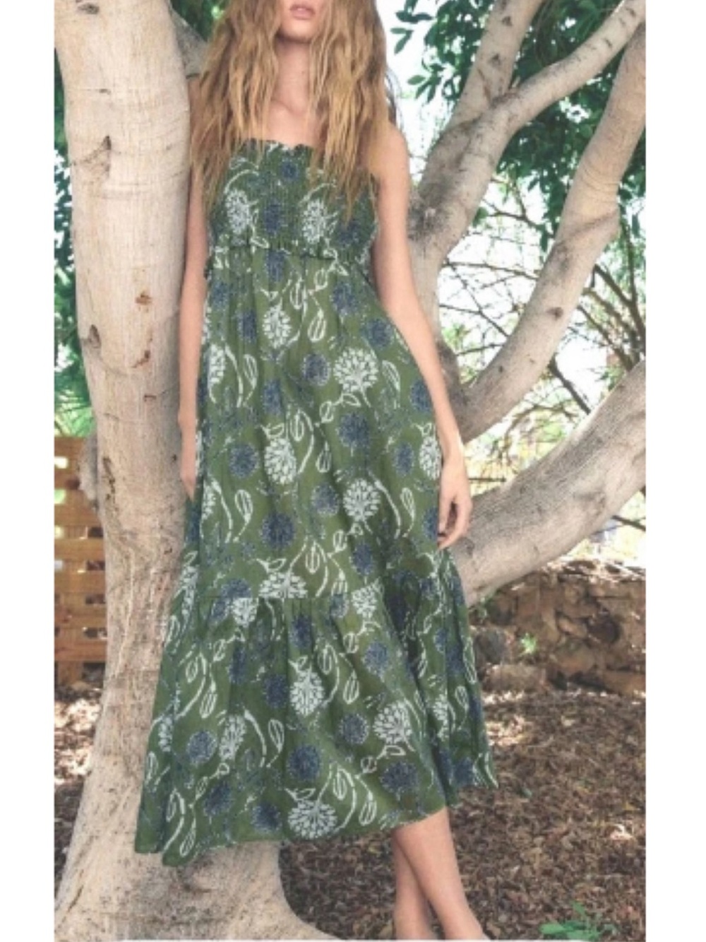 Zara Olive tiers Tie-Shoulder smocked Maxi Navy White floral 100% cotton M dress - Picture 15 of 15